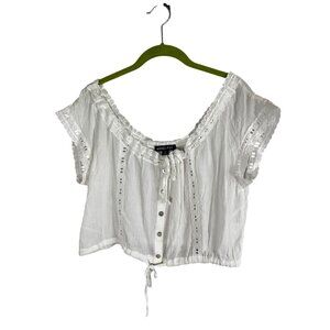 Floral Eyelet Crop Top White M Boho Peasant Ruffle Boho Indie Folk Festival 90s